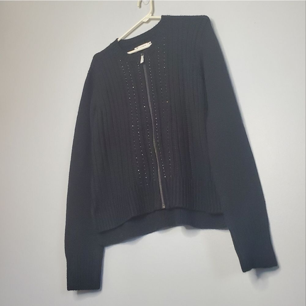 Carve Designs Black Wool Zip Up Cardigan Sweater Beaded Embellished